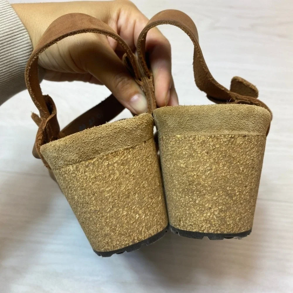 Papillio Womens 40 Wedge Sandals Lana Brown Leather Cork Platform Ankle Strap